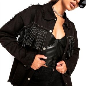Boutique Black Fringe Cropped Denim Jacket
